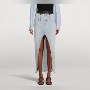 Kate Hewko Denim Skirt High Front Slit Raw Hem Faux Leather Detail Size Small